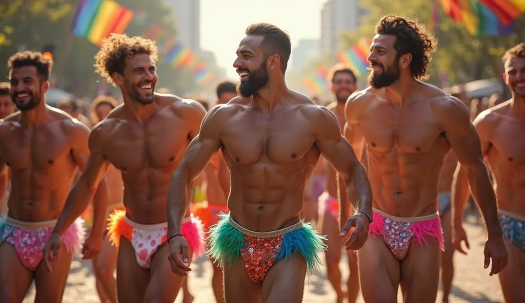 Create an energetic scene of a group of muscular men dancing together on a Carnival block. They're wearing minimalist costumes, like colorful thongs and slaps decorated with feathers and glitter. Their bodies are sweaty and shining in the sunlight,  with w...