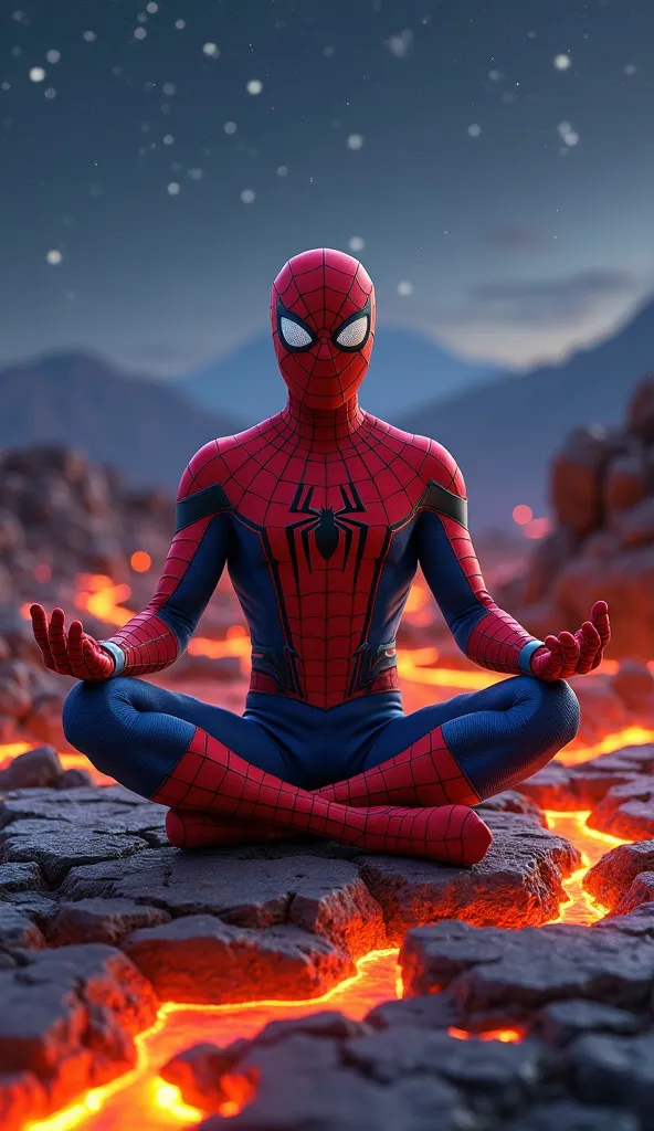 "A highly detailed and cinematic digital painting of Spider-Man sitting in a meditative pose on cracked volcanic ground, surrounded by flowing lava. The background features a starry night sky with distant mountains, creating a dramatic and mystical atmosph...