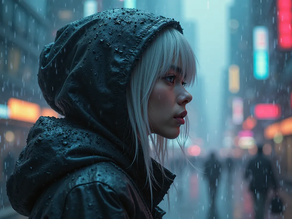 girl with silver hair in a hood,  high definition, Cyberpunk, science fiction, realistic, photographic quality, HDR, professional, detailed,  gloomy atmosphere ,  surreal view , futuristic city environment, rainy landscape,  Neon lights, smoky effect, cool...