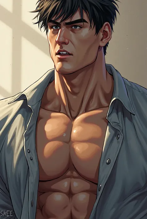 a close up of a man with a shirt on posing for a picture, digital art by Kentaro Miura, trending on pixiv, digital art, muscular!!, muscular! fantasy, muscular!!!, muscular male hero, muscular character, muscular!! sci-fi, super buff and cool, muscular!, a...