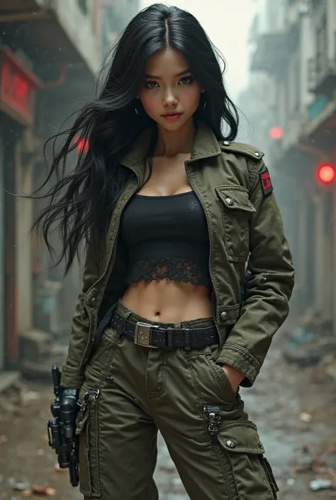 A girl doll with black hair, Military cargo and black top