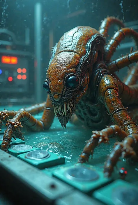 Ultra-realistic image of a terrifying, insectoid alien creature with razor-sharp mandibles and iridescent, armored exoskeleton, partially submerged in a cryogenic tank, surrounded by glowing control panels in a dimly lit research station.