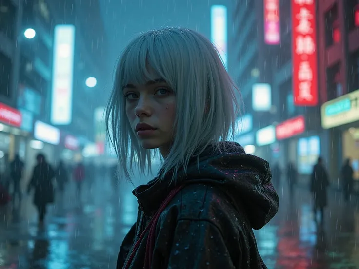  Girl with silver hair ,  high definition, Cyberpunk, science fiction, realistic, photographic quality, HDR, professional, detailed,  gloomy atmosphere ,  surreal view , futuristic city environment, rainy landscape,  Neon lights, smoky effect, cool color p...