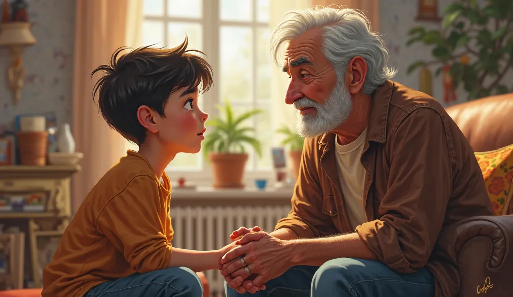 A  is sitting with his grandfather talking