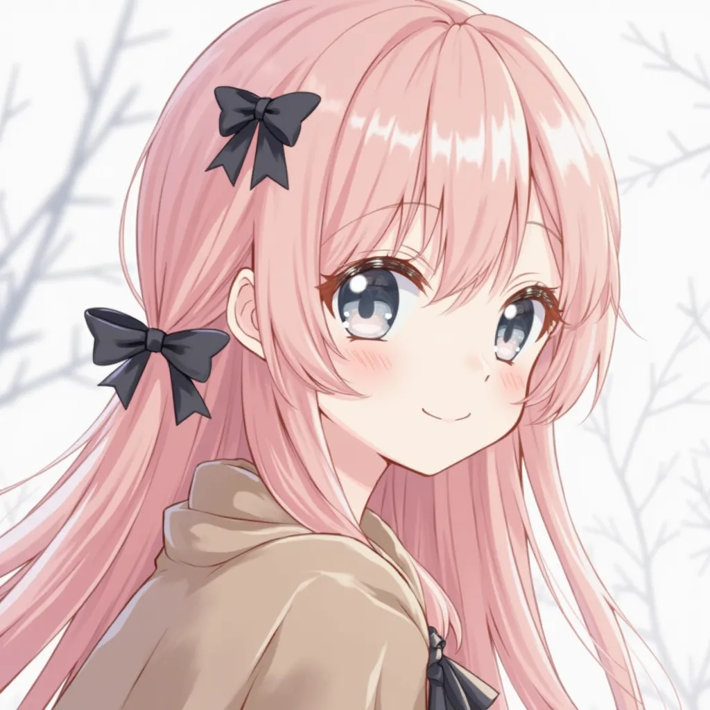 Cute anime girl, высокое качество, clear lines,  Masterpiece , long soft pink hair, black bow on the side of the hair, gray-blue eyes, soft brown shoulder cape, shoulder-length, near