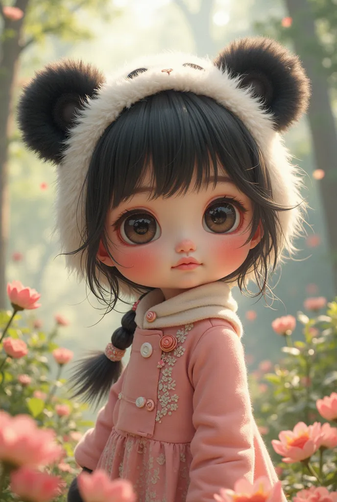 Create a young girl with hybrid panda bear traits with pink clothes