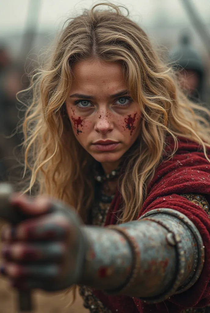 19-YEAR-OLD WOMAN WITH GOLDEN HAIR BLOODY EYES, FIGHTING A SWORD-TO-HAND SOLDIER, MEDIEVAL, BLACK NAILS, BLOODY WRITINGS ON HER HANDS, IN THE MIDST OF THE BATTLEFIELD, SHOW THEM FROM A DISTANCE AND AT AN OPEN ANGLE