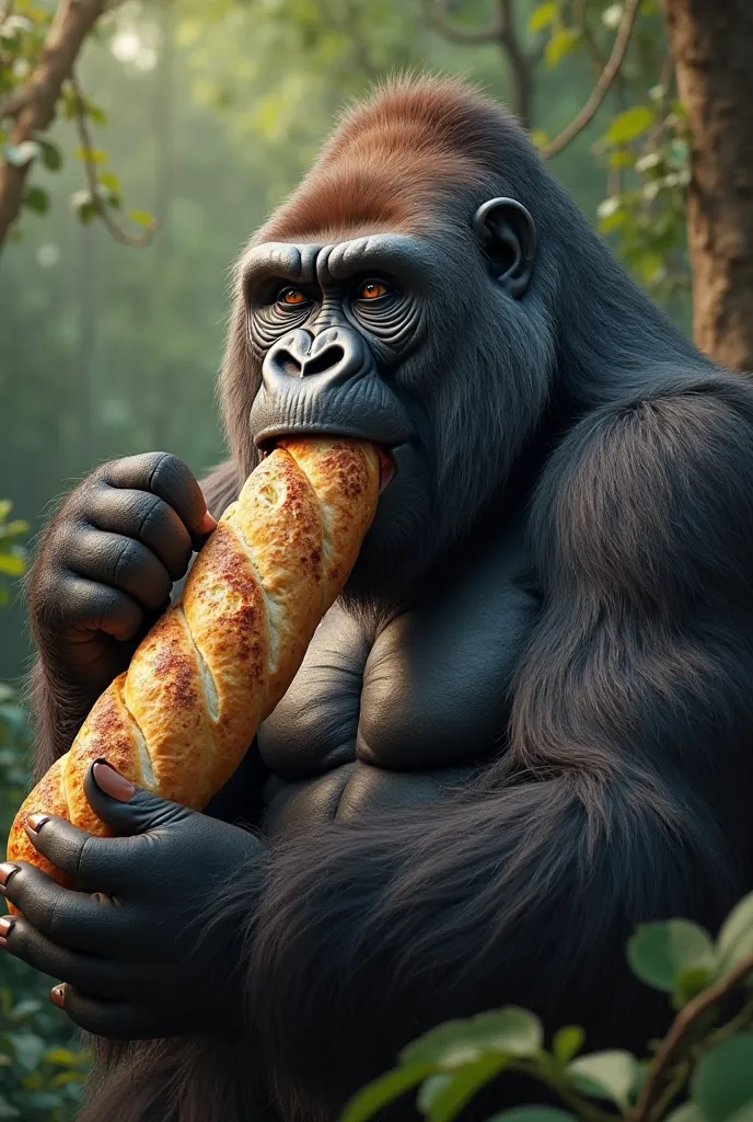 Gorilla eating prepared bagette bread