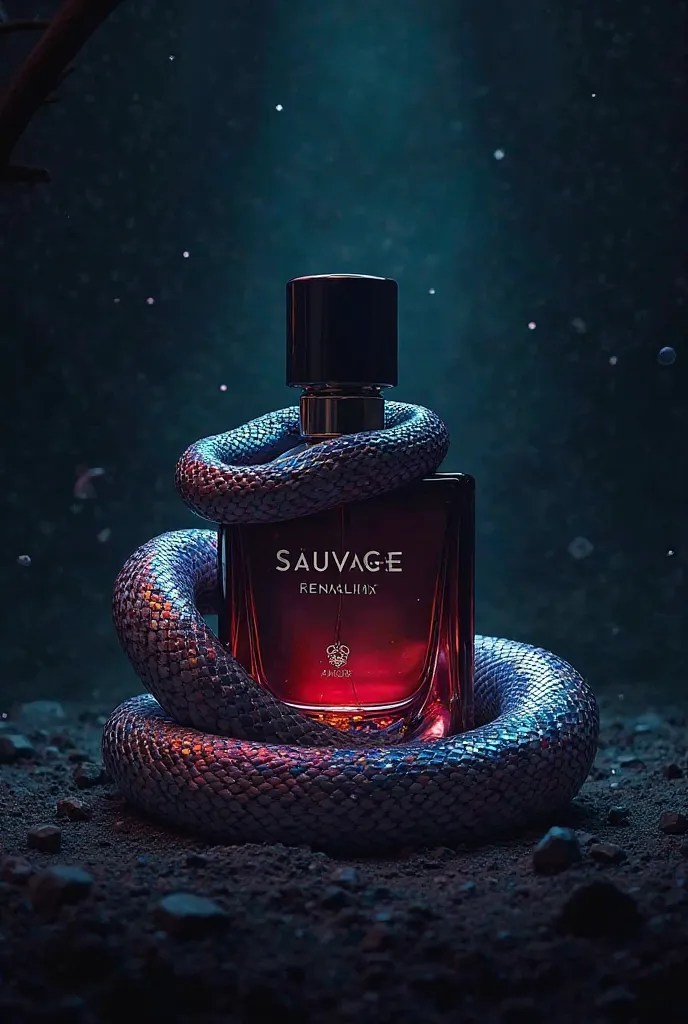 Create a sauvage perfume hd super realistic picture in a dark environment and a colourful snake rounded the bottle