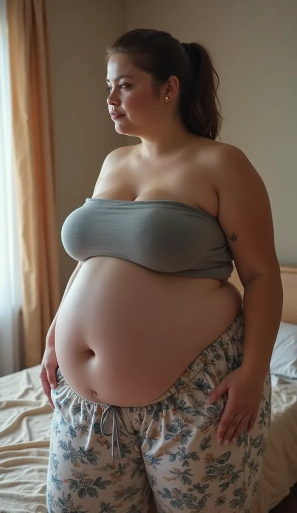 In room, high angle view, a massive ass pawg voluptous obese bbw 25-year old white european student with huge fat protruding bloated saggy belly standing near bed, brunette slickback ponytail, slight face wrinkles, hoop earings, realistic tongue, wide body...