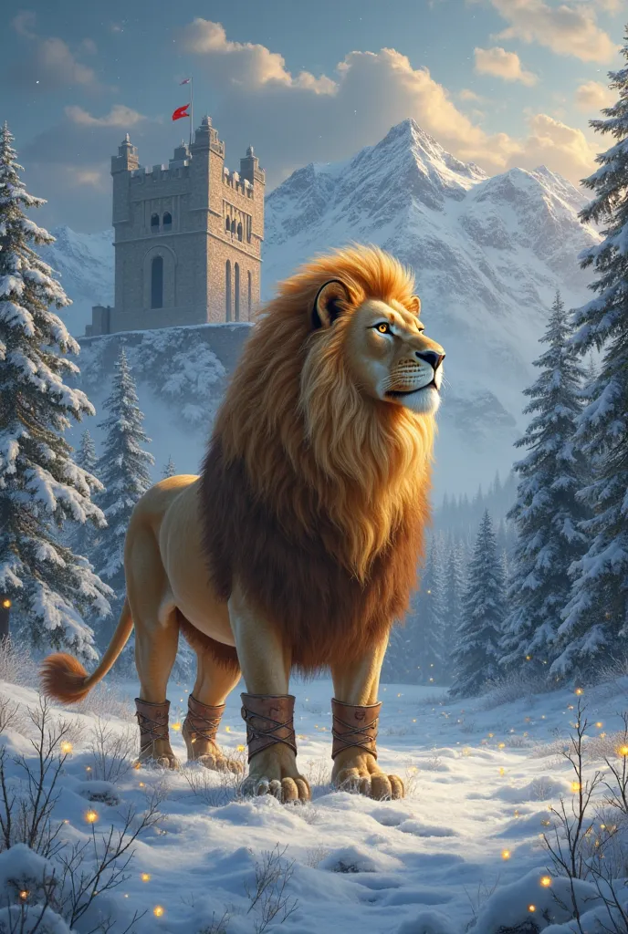  In a vast field covered with snow , a majestic golden lion with a thick and shiny mane stands out. Your eyes transmit wisdom and strength, and he seems to be looking at a group of ren with a protective air. The ren wear thick medieval cloaks, boots and gl...