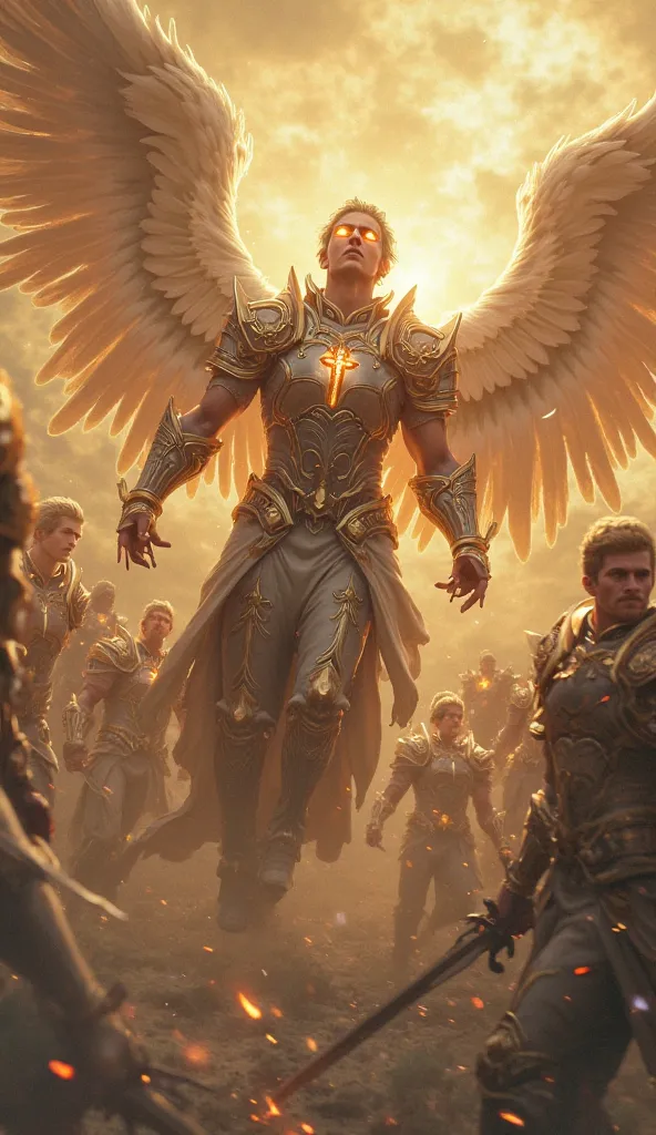 A host of celestial angels, clad in shining armor, their faces filled with righteous fury, hovering in the heavens, awaiting the command to strike down humanity in retribution for the crucifixion.