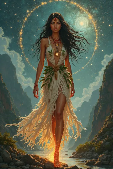 Image of Piurekarí, a goddess who is shown as an ethereal and at the same time earthly figure, were narrated a goddess that embodies the fusion of soul and nature. Your skin has the warm, earthy tone of the humid earth at dawn, with golden flashes that rec...