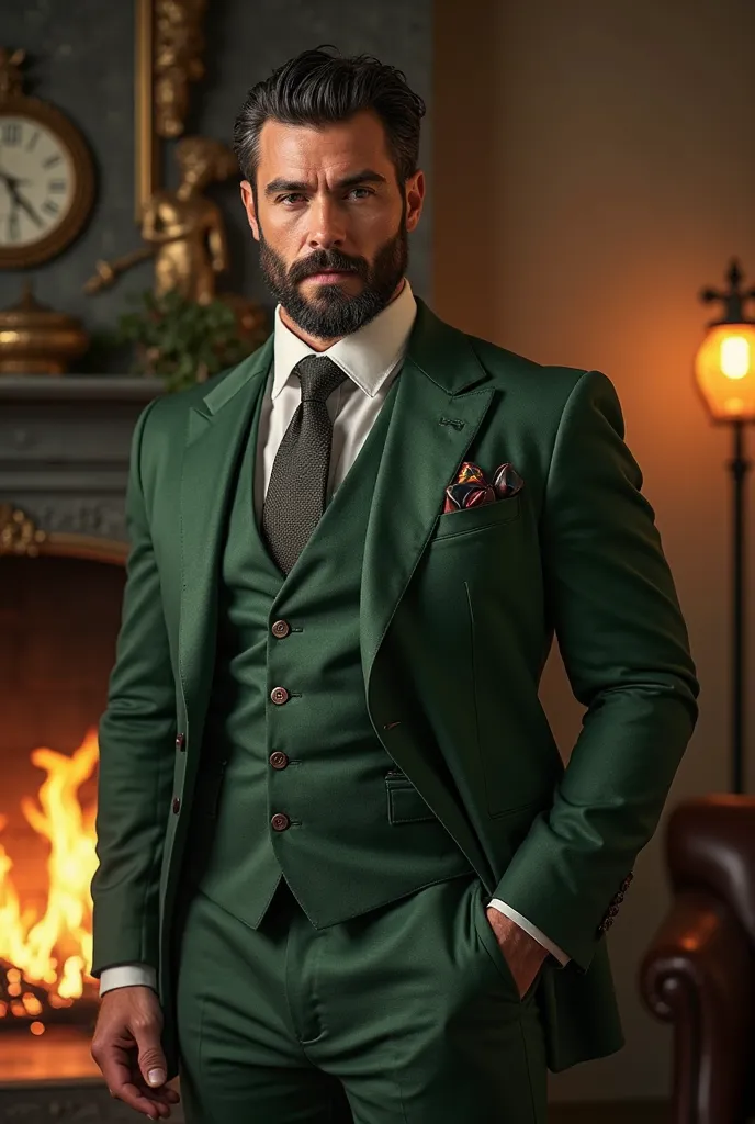 Handsome man black hair and beard with grey tips, lightly tanned skin, very muscular arms, wearing a green three piece suit. Standing in a fireplace lit room