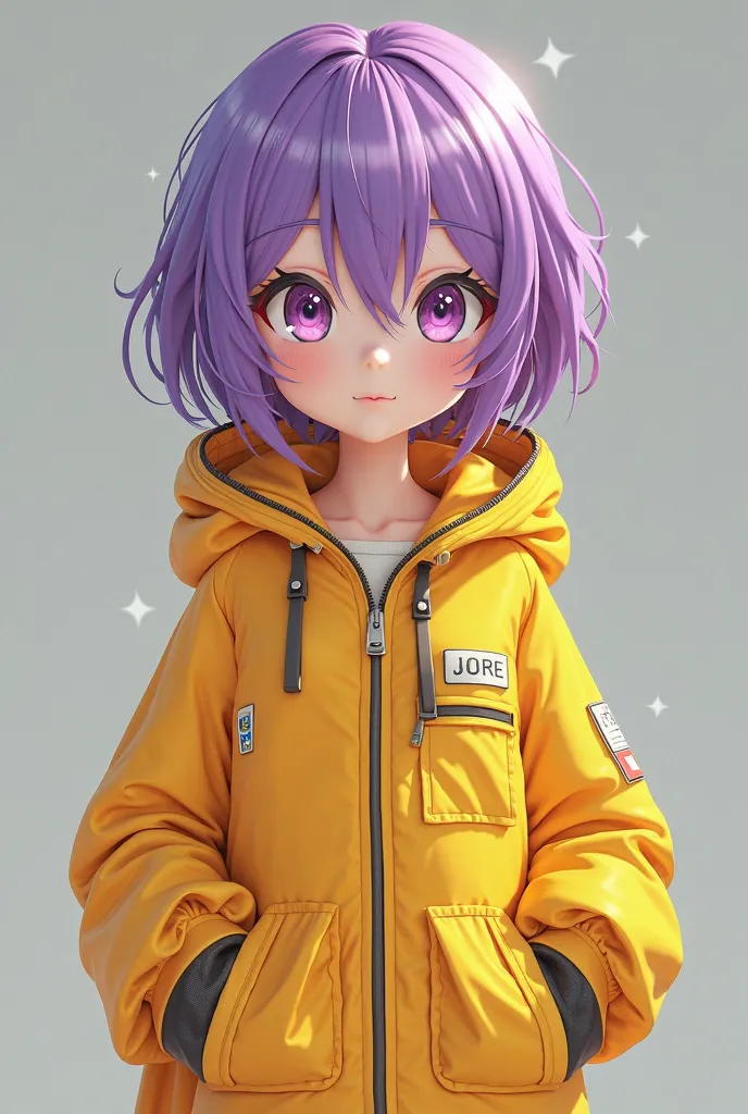 маленькая Аниме девочка с короткими фиолетовыми волосами, Little Anime girl with short purple hair dressed in a chemical yellow suit