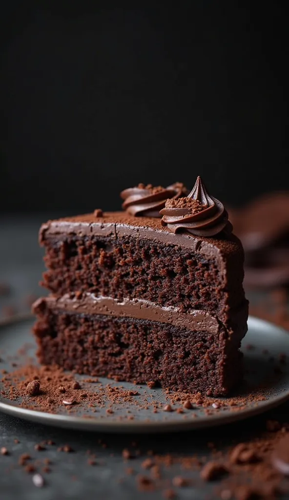 cinematic film still chocolate, chocolate cake, dark background, quality photo, moist texture, frosting, studio photo, slice . shallow depth of field, vignette, highly detailed, high budget, bokeh, cinemascope, moody, epic, gorgeous, film grain, grainy