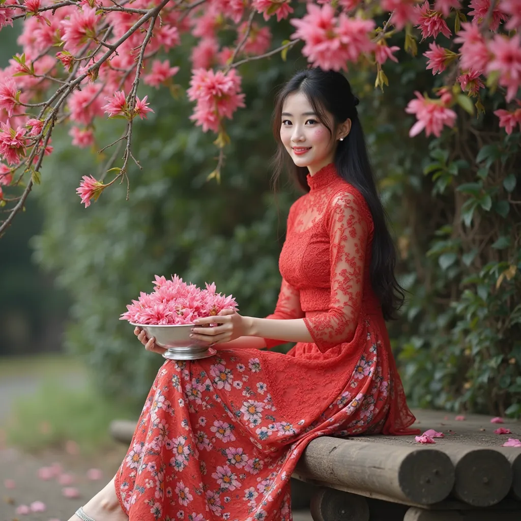 Create an image from " a beautiful young woman:   slim body  , temperate
tall, white skin, round face, beautiful eyes, nasolabial. long hair, Burmese thanakha paste on her cheek. sat on a bench and dangled on her feet to the ground, outdoor, holding a silv...