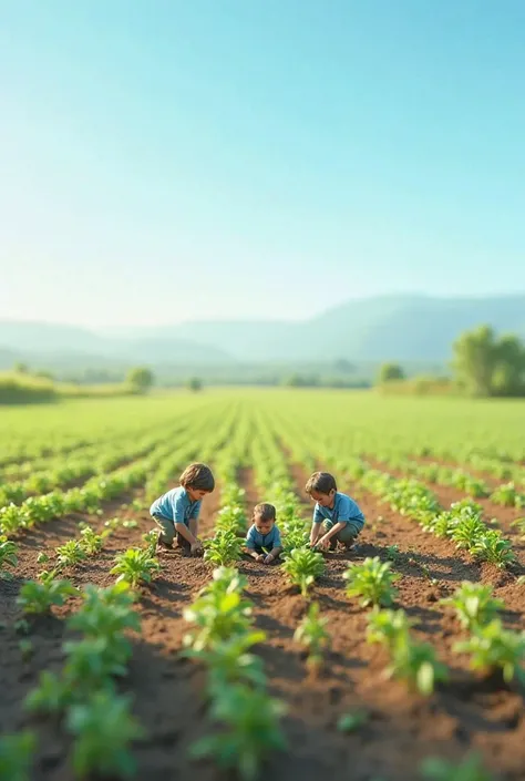 Tiny figures collaborating in a large open field, planting crops together, with rows of young plants growing, peaceful atmosphere, clear sky and a beautiful, spacious landscape."
