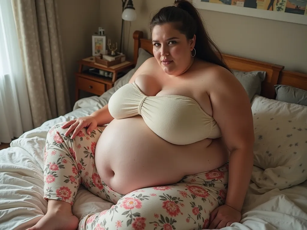 In room, high angle view, a massive ass pawg voluptous obese bbw 25-year old white european student with huge fat protruding bloated saggy belly sitting on bed, brunette slickback ponytail, slight face wrinkles, hoop earings, realistic tongue, wide body, l...