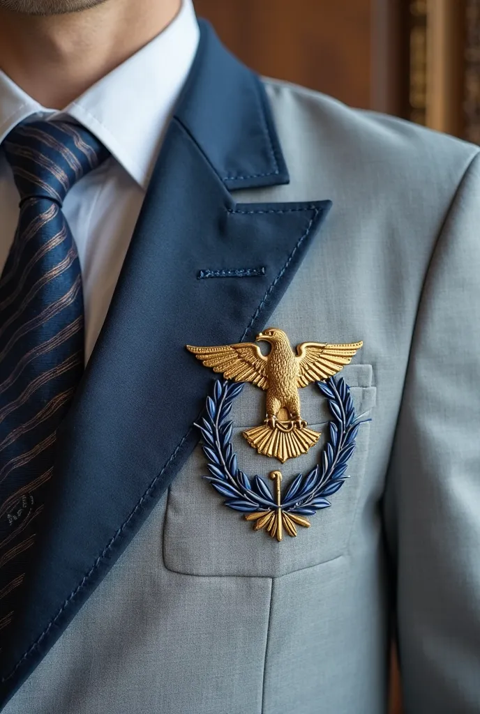 an elite school uniform of the type with a blazer in the color light gray, with lines in the color dark blue, on the left chest of the blazer a coat of arms of a golden eagle with open wings, Around olive branches in blue still inside the coat of arms 