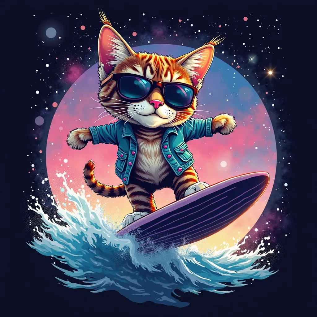 A dreamy, surreal t-shirt design featuring a cool, adventurous cat surfing on a giant faish in cosmic waves. The cat is wearing stylish sunglasses and has a confident, carefree expression. The background is a cosmic sky with vibrant pastel colors like pink...