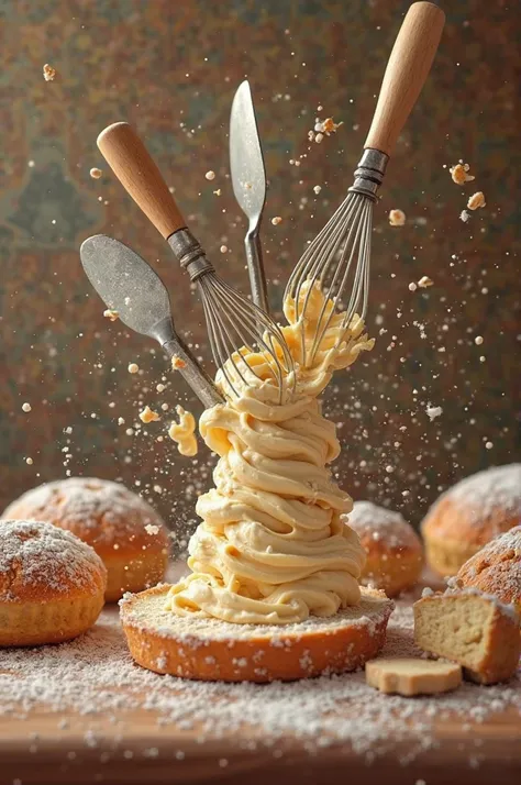 Give me an image for a bakery and pastry book cover, Where the utensils and ingredients are obsessed 