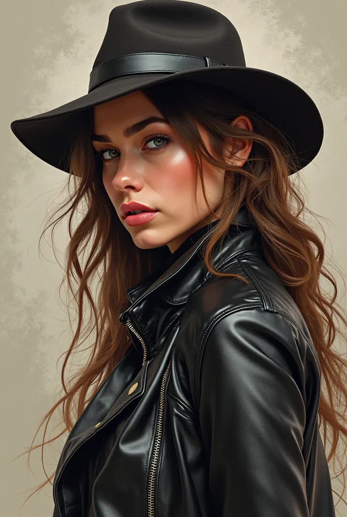 arafed image of a woman in a leather jacket and hat, artgerm and ilya kushinov, inspired by andrey ryabovichev, by Andrey Esionov, drawn in the style of artgerm, artgerm. high detail, artgerm portrait, beautiful digital artwork, by andrey ryabovichev