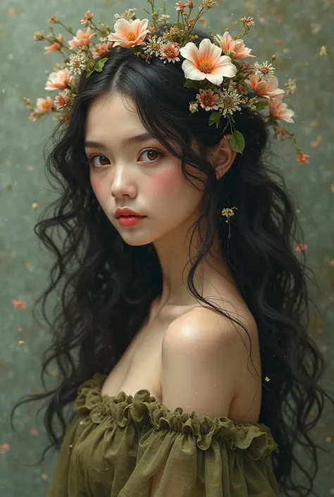 Create a dick character image of an , Light brunette brown eyes long curly black hair , wearing an olive green dress with a flower arrangement on her head.