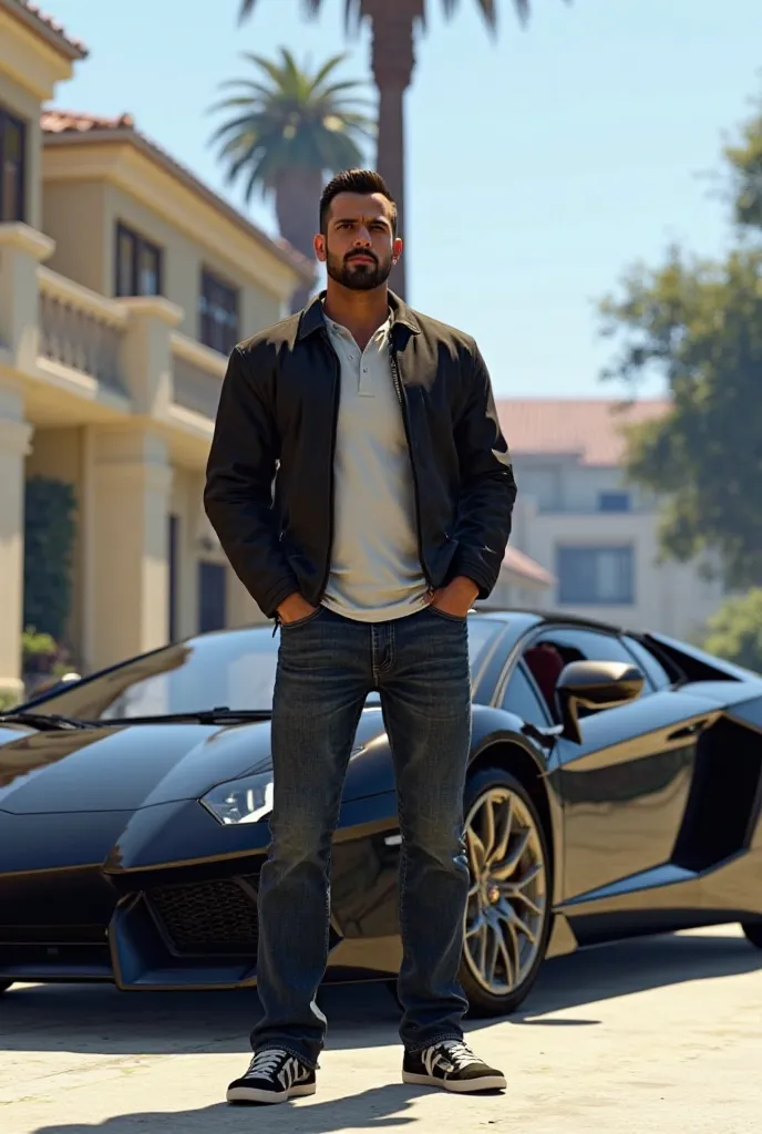 Create an image of a man resembling Michael De Santa from GTA V. He has short dark hair, a well-groomed beard, and is dressed in a black jacket over a white shirt. He's wearing dark jeans and casual shoes. The character is standing in a luxurious neighborh...