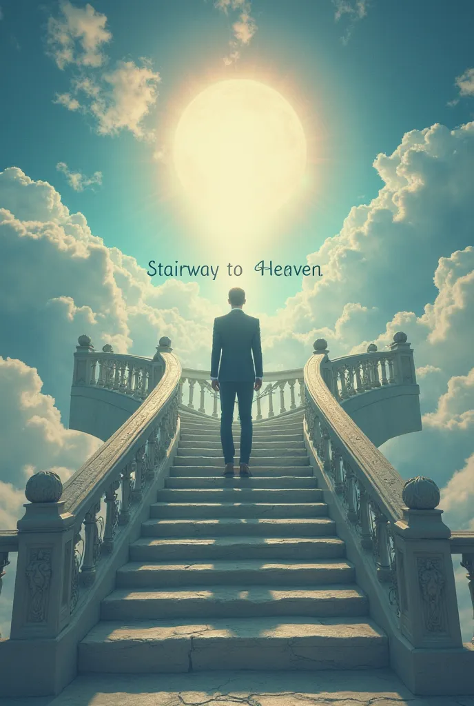 (best quality)(perfect quality bra)Landscape of a man in a suit climbing stairs, Sun up illuminated,  lighting,staircase to heaven,man in the middle of the stairs, slightly smaller sun, More cloud, Stairway to Heaven, with a text in the middle: 