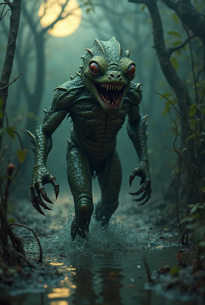 Emerging from the fetid swamp, the creature is a grotesque fusion of human and monster. Its body is humanoid but covered in slimy, reptilian scales that glisten in the dim moonlight. Its limbs are long and sinewy, ending in webbed, clawed hands. The most d...