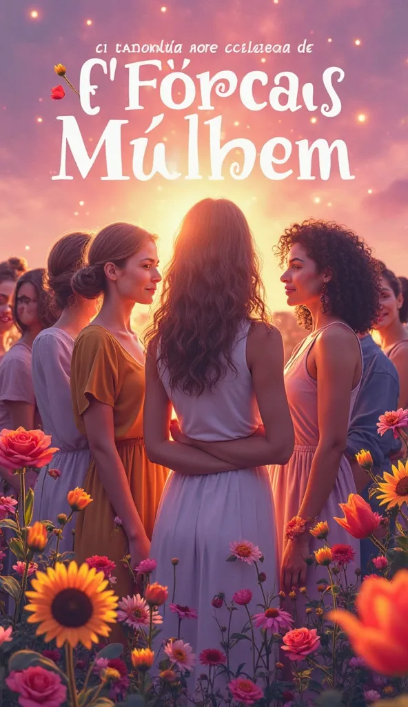 "Create a beautiful and inspiring image to celebrate International Women's Day. The scene features a diverse group of women of different ages, ethnicities, and professions standing together in unity. They are surrounded by vibrant flowers (like roses, sunf...