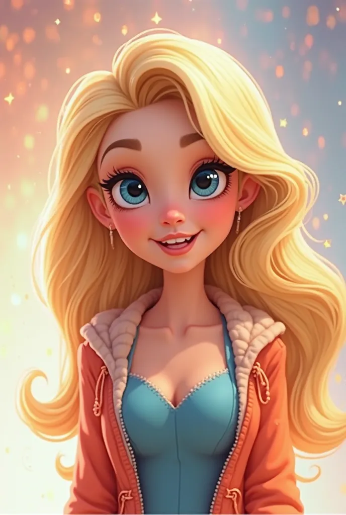 Create an image of a woman in the Disney cartoon style, with blond hair and bright blue eyes. She has a cheerful and friendly expression, wearing modern and colorful clothes, with a cheerful and illuminated background. The character must exude positive ene...