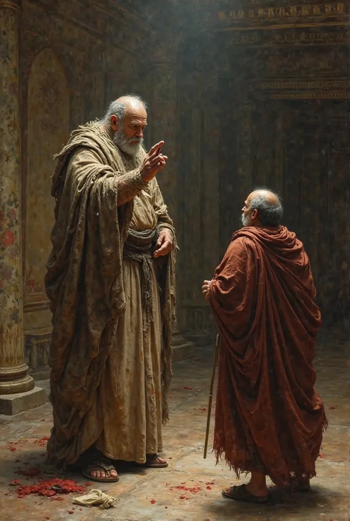 image: Tiresias, the blind prophet, warning Creon about the wrath of the gods.