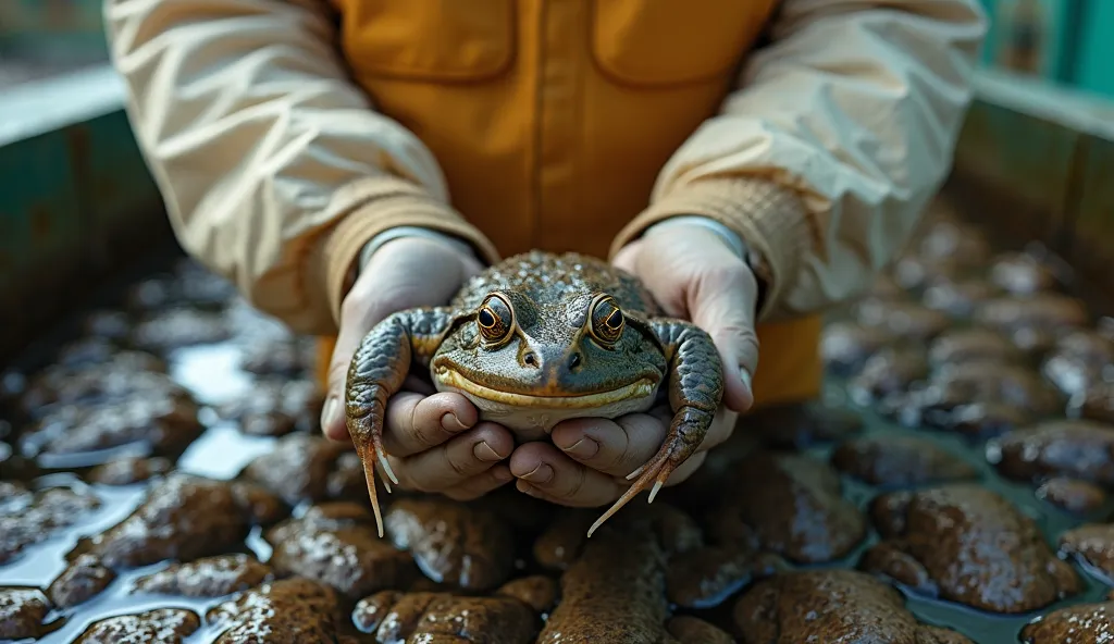 Close-up of a worker in protective clothing gently holding a mature bullfrog with both hands, thousands of frogs visible in water tanks behind them, industrial-scale farming operation, natural lighting, authentic documentary perspective of agricultural wor...