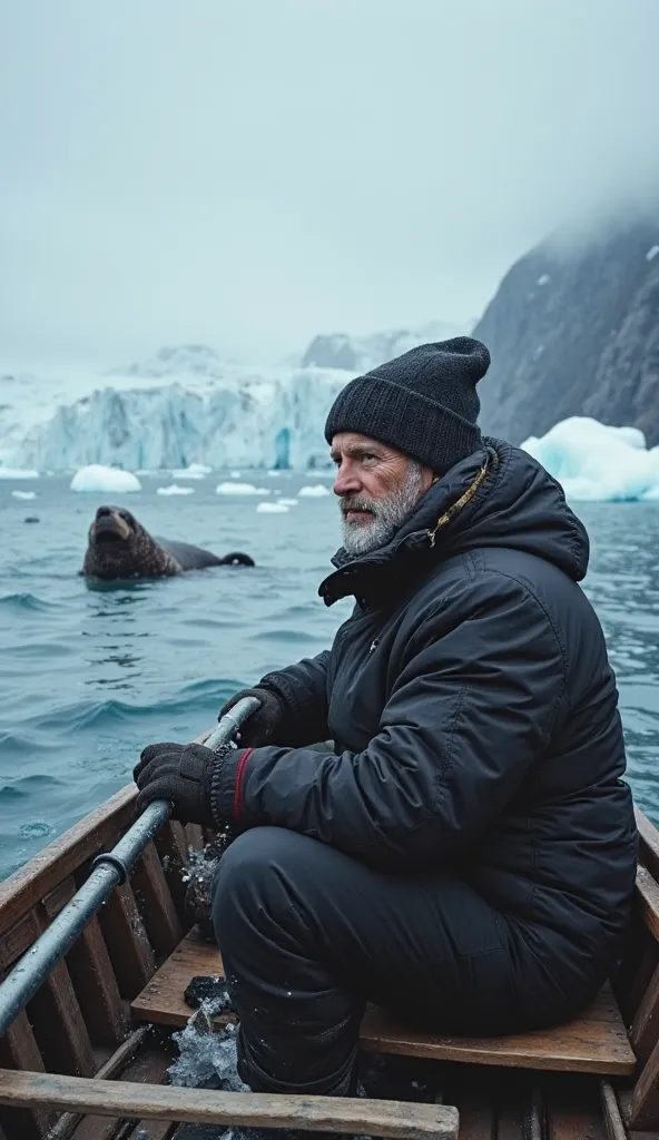 A rugged middle-aged man in a thick black winter coat and beanie, paddling a small wooden boat through icy Arctic waters. His expression is focused as he scans the horizon. The sea is a mix of dark blue and white ice chunks, with towering glaciers in the b...