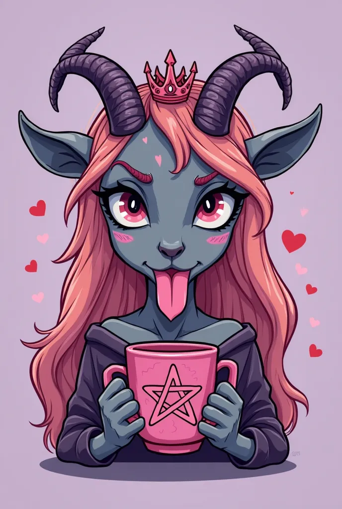 A stylized digital illustration features a girl with horns, probably goat, with a serious expression holding a mug with a satanist pentagram and pink makeup, on a light purple background.  The image is marked by the combination of vibrant colors and a uniq...