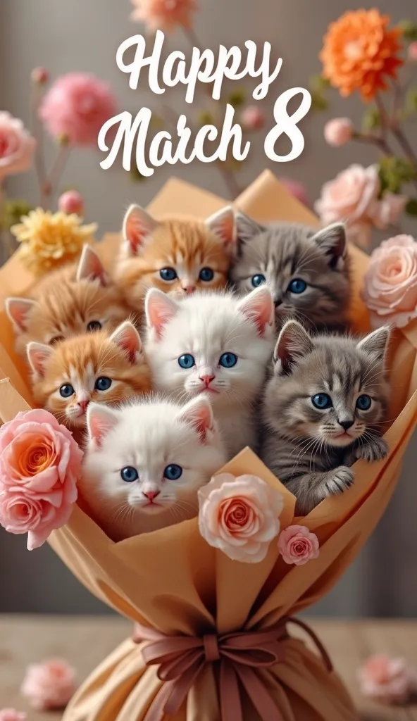 A bouquet of 10 fluffy kittens wrapped in elegant brown paper, resembling a flower arrangement. The kittens have soft fur in shades of orange, white, and gray, with bright blue eyes and adorable expressions. The background is warm and cozy, decorated with ...