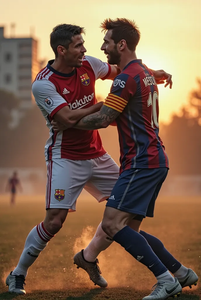 Ronaldo and messi fighting with hand in morning time