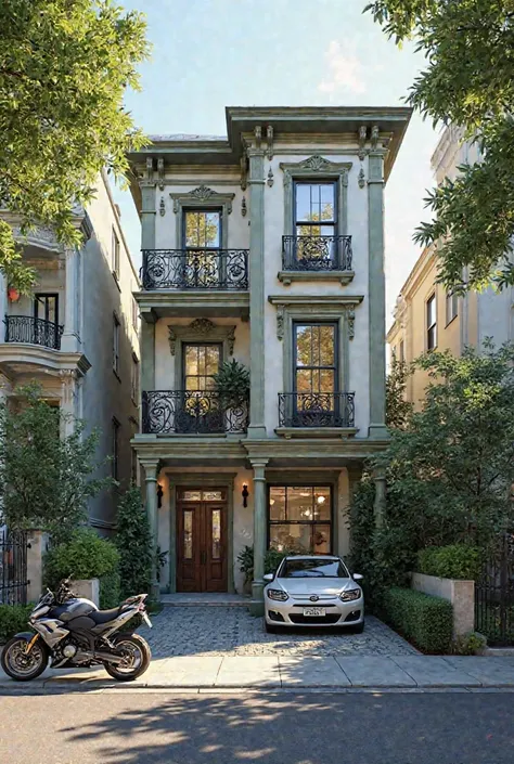 **Townhouse**: A townhouse with a small car and a motorcycle parked outside.
