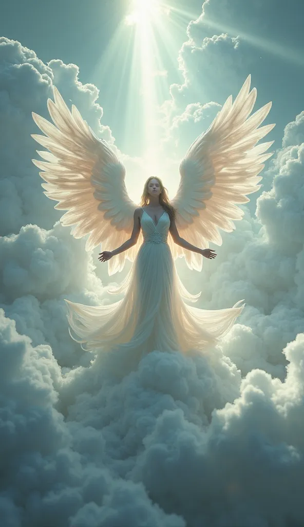 Create a surreal, photorealistic representation of an angel, a heavenly figure who embodies purity and grace. Center the image on the angel, a magnificent being with radiant wings that emit ethereal vapors, casting a soft glow that illuminates the surround...