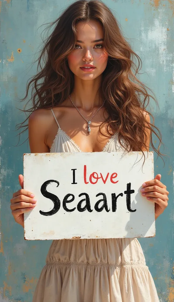 Beautiful girl with wavy long hair, bohemian dress, holding a white board with text "I Love Seaart Infinity" and showing it to the viewernow i want an ai prompt for an image of him in a style of high detailed oil painting showing 3 quarters of his body fac...