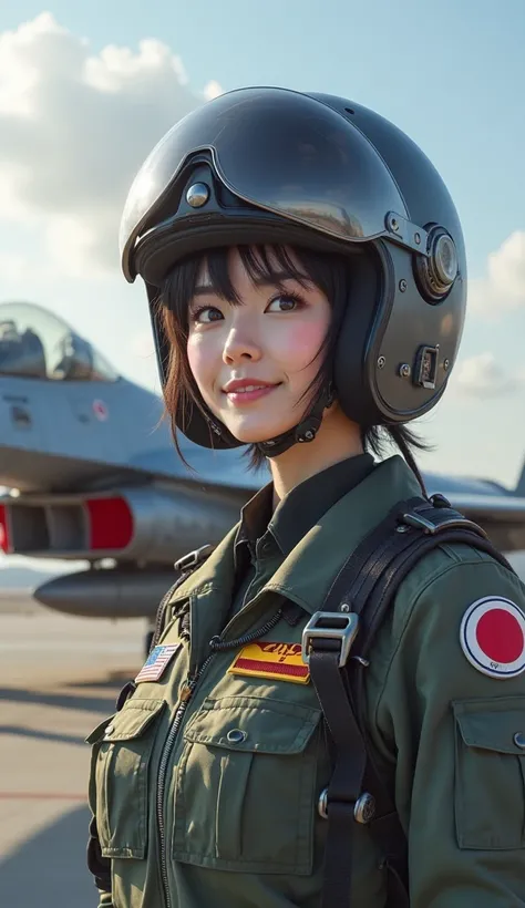 A Japanese female fighter pilot, beautiful, is standing, wearing a full uniform, wearing a helmet, the pilot, is standing, looking at the audience, with a smiling face, a fighter jet in the background. Photorealistic 4K