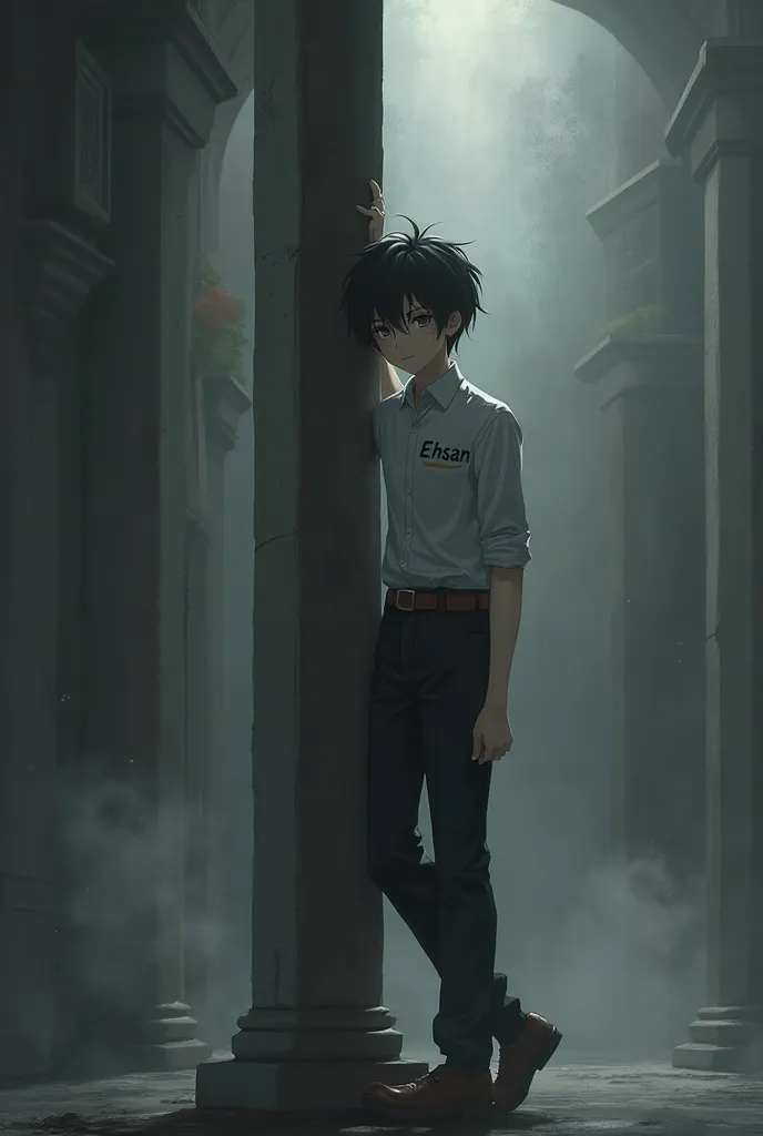 Create a Anime ager boy image standing in the piler and stand with the help of piler and wearing dress shirt  and pent that says "EHSAN" AND ALL AROUND Black  AND GREY 
 SMOKY environment