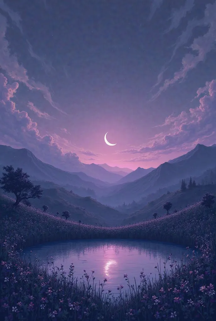 Create a landscape at night, Purple sky small moon 