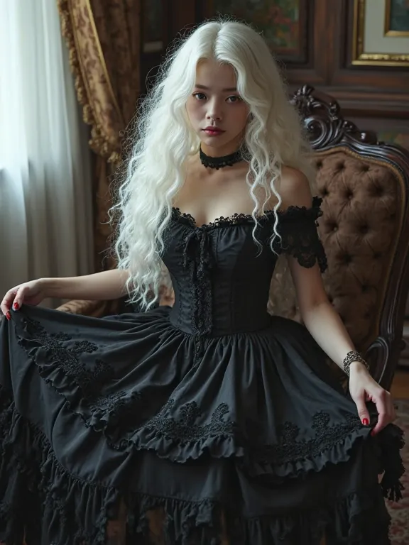  A 23-year-old gothic punk goth girl, perfect face, beautiful Asian woman with long White hair in curls and coils, very cute and busty beautiful girl, (highly detailed beautiful face), sitting in a Victorian style room
]cowboy shot, looking at viewer, skir...