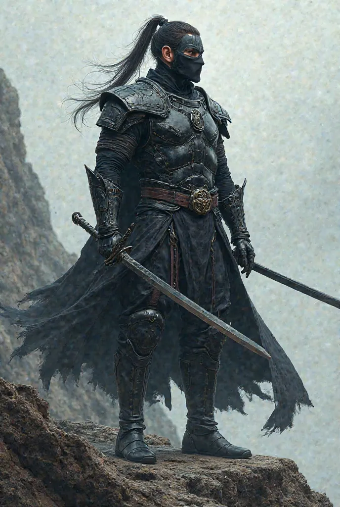 A masculine worrior wearing black outfits with steal armor, standing on a rock looking so deadly, wearing a black musk only on face, his ponytail hair should be seen, taking a sword in hand