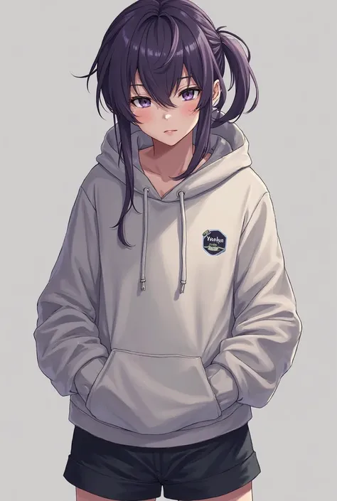 Make me a very handsome and half Japanese adult boy, with white skin and a serious look on her face, with dark purple hair tied in a ponytail with bangs covering the side of her face, And the left part with the discolored blonde bangs, be wearing a hoodie ...