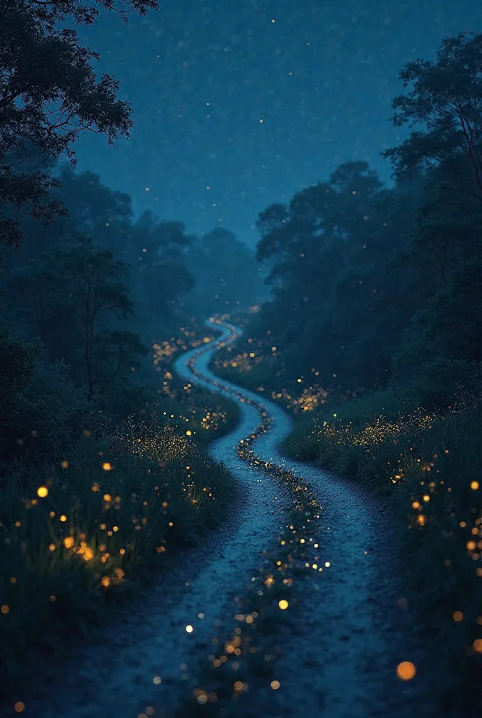 A long road at night, illuminated by small fireflies, symbolizing hope and journey.