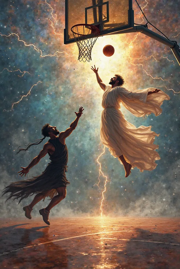 God doing a dunk in a basketball game while playing against the devil
